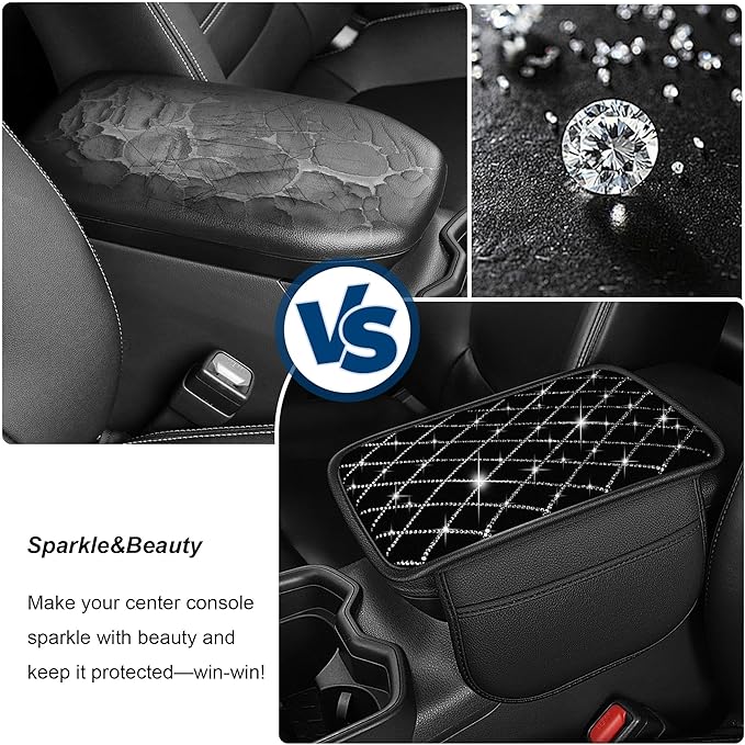 Armrest Cover with 2 Storage Bags Fit for VW/Volkswagen ID.4 Faux Leather Car Center Console Cover with DiamondStorage Box Waterproof Arm Rest Covers(Black)