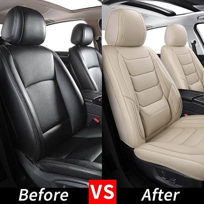 Leather Front Car Seat Covers Breathable Seat Covers Waterproof Seat Protectors Universal Fit for Most Automotive Cars SUV Trucks Van (Beige, Front Pair)