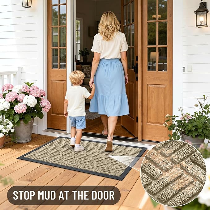 OLANLY Front Door Mat Outside Entrance 47x23, Absorbent, Heavy Duty Sturdy Natural Rubber Doormat Indoor Outdoor, Stain and Fade Resistant, Non-Slip Backing Low Profile Floor Mat for Entryway, Beige