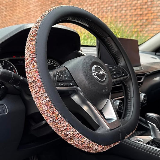 PINCTROT D Shaped Chenille Leather Steering Wheel Cover, Soft Mottled Colors, Sweat-Proof, Non-Slip Grip, All-Season Comfort, Flat Bottom 14.5-15 Inch(Mottled Red)