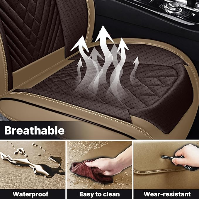 Leather Car Seat Cover Full Set, Waterproof and Protector, Brown&Beige, 5 Seat Cushion, Fits Most Cars