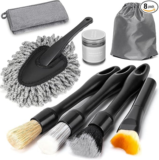 8PCS Car Detailing Brush Set, Interior Car Cleaning Kit with Dash Duster, 4 Detailing Brushes (Soft to Hard), Microfiber Towel, Cleaning Gel, for Vents, Dashboard & Leather Seats