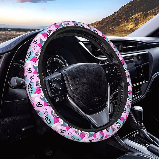 Dujiea Leopard Print with Hearts Elastic Stretch Steering Wheel Cover, Anti-Slip and Durable Car Steering Wheel Accessories for Women Men, 15 Inch Universal Fit Car, Truck, SUV