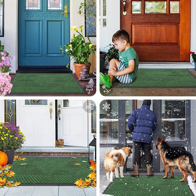 Smiry Front Door Mat Outside Entrance, Heavy Duty Sturdy Natural Rubber Doormat, Trap Dirt and Moisture, Easy Clean Low Profile Mats for Indoor Outdoor Entry, Irregular Triangle (59x24, Green)