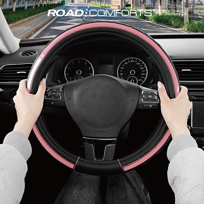 Road Comforts Leather Steering Wheel Cover – Black & Pink, Universal Fit 14.5-15 Inch, Microfiber Leather, Anti-Slip & Breathable Design for Men and Women