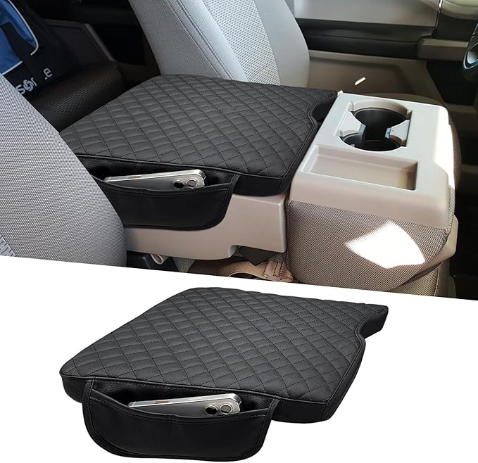Xaido Center Console Cover Compatible with 2015-2024 2025 Ford F150 & 2017-2025 F250 F350 F450 with 40/20/40 Jump Seat, Leather Armrest Protector Pad with Side Pockets (Jump Seat Only)