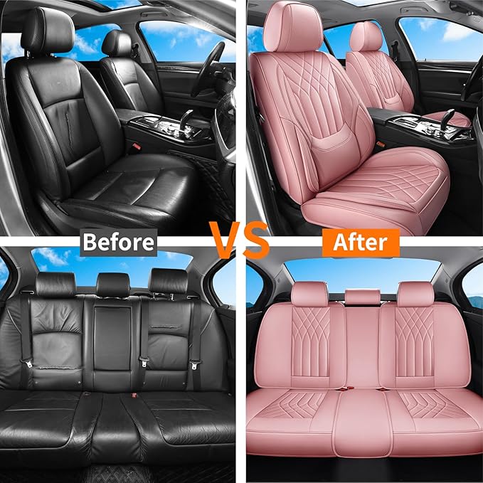 Pink Car Seat Covers Full Set, Full Coverage Luxury Leather Car Seat Protector Universal Fit for Most Cars SUVs Pick-up Trucks, Pink Seat Covers Car Interior Accessories for Women