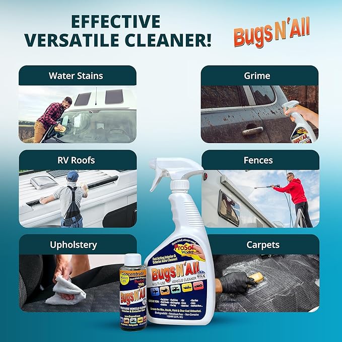 Bugs N’ All Multipurpose Car Cleaner & Degreaser - Bug & Tar Remover Concentrate 4 oz - Exterior Cleaner Safe for Car Paint, Metal, Chrome, Aluminum, Windows & Mirrors - w/Free 32 oz Spray Bottle