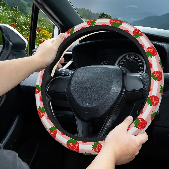 Strawberry Car Steering Wheel Cover, Pink Striped Non-Slip Absorbing Sweat Car Wheel Cover Accessories for Men Women,Universal 15" Fit Auto SUV Vans Trucks