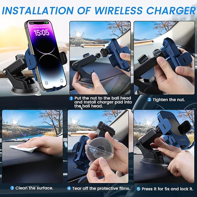 Wireless Car Charger, Fast Charging 15W Auto Clamping Car Charger Phone Holder Phone Mount for iPhone17 16 15 14 13 12 11 Pro Max Xs, Samsung Galaxy S23 Ultra S22 S21 S20 S10+ Note 9, etc(Blue)