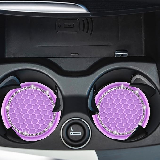 Amooca Car Cup Coaster 4 Pack Universal Non-Slip Cup Holders Insert Coasters Bling Crystal Rhinestone Car Interior Accessories Purple Grid