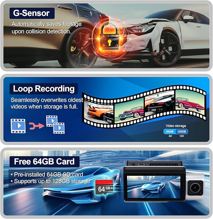 3 Channel 4K Dash Cam Front and Rear Inside for Cars, Sony Sensor, 1080P Cabin and Rear, Wide Angle, Night Vision, WiFi GPS, Parking Monitor, Loop Recording, Touch Screen, 64GB Card Included