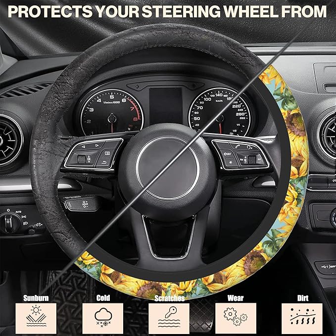Watercolor Sunflower Steering Wheel Cover, Elastic Non-Slip Steering Wheel Protector,Auto Interior Decor for Women Girls,Universal 15" Fit for Sedans,Trucks