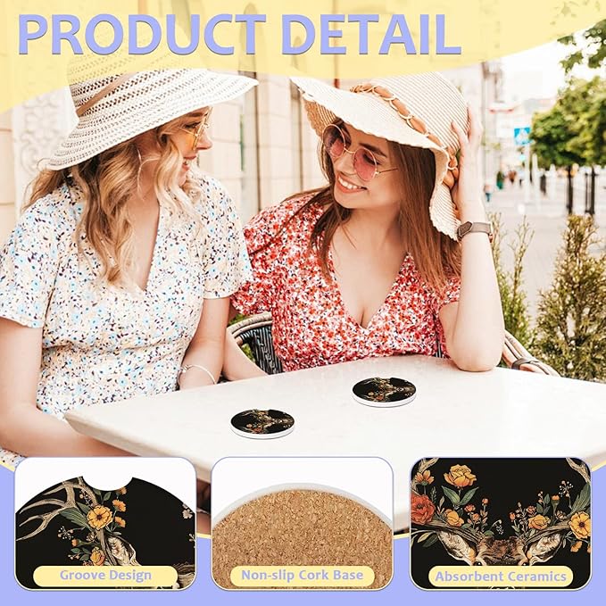 2 Pack Car Cup Holder Coaster-Forest Deer Absorbent Ceramic Coaster,Floral Car Coasters for Cup Holders,Auto Accessories for Women & Men