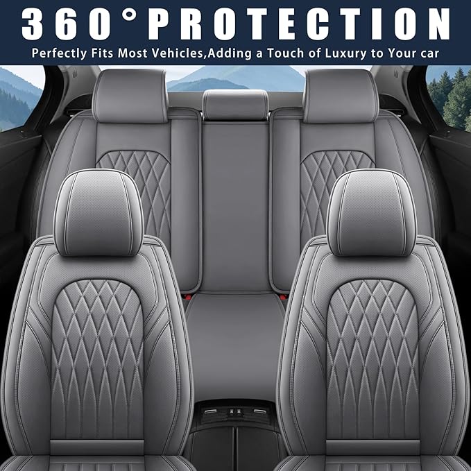 WELLDO Car Seat Covers Full Set, Faux Leather Seat Covers for Cars, Car Seat Protector Waterproof, Non-Slip Car Interior Covers Full Set Universal Automotive Seat Covers for Most Cars SUVs, Gray
