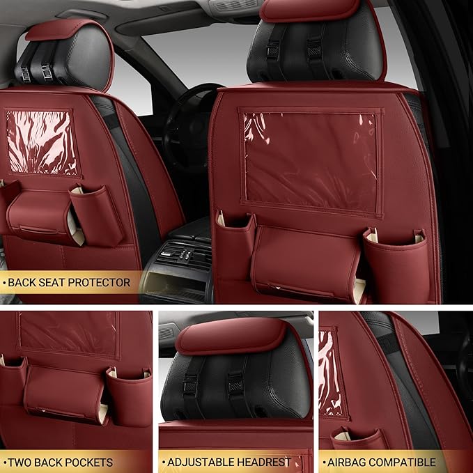 AOOG Leather Car Seat Covers with Car Backseat Organizer, Universal fit Automotive Vehicle Most Sedan SUV Pick-up Truck (Front Pair, Burgundy)