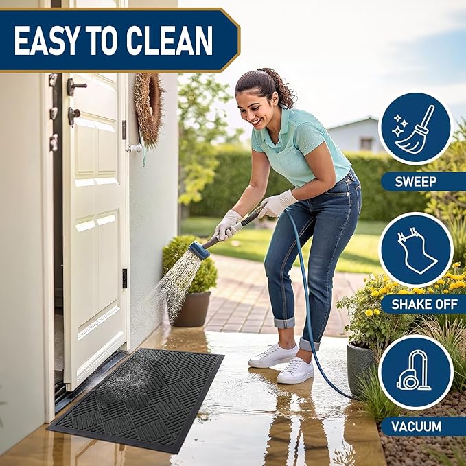 Smiry Front Door Mat Outside Entrance, Heavy Duty Outdoor Indoor Natural Rubber Doormat, Non Slip, Trap Dirt and Moisture, Easy Clean, Low Profile Patio Porch Entryway Mat, 59x23, Black