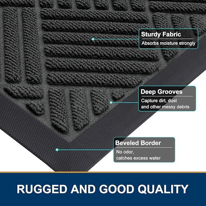 Smiry Front Door Mat Outside Entrance, Heavy Duty Outdoor Indoor Natural Rubber Doormat, Non Slip, Trap Dirt and Moisture, Easy Clean, Low Profile Patio Porch Entryway Mat, 59x23, Black
