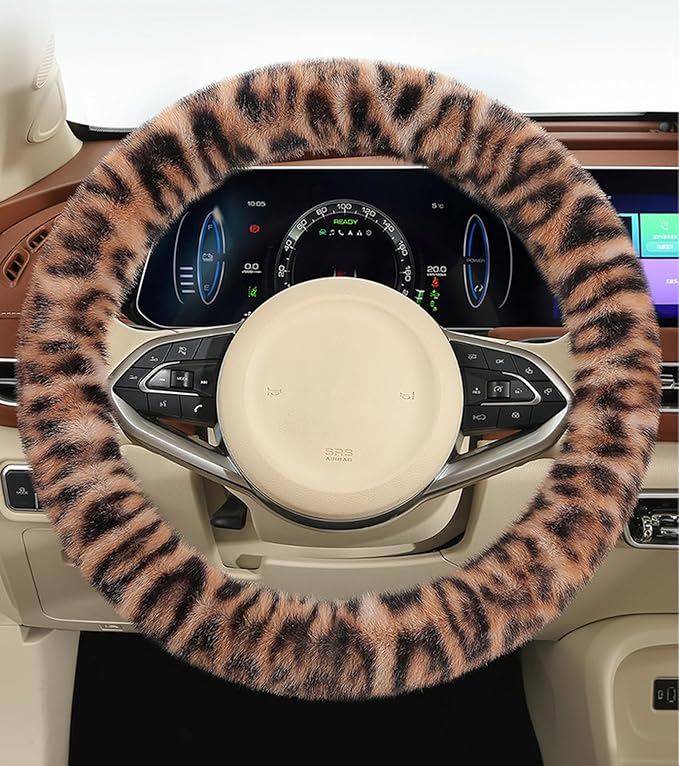 Fluffy Cheetah Car Steering Wheel Cover Luxurious Faux Fur Leopard Print Cute Wheel Protector Universal 15 Inch Fit for Vehicle, Car, Auto, SUV Winter Warm (Ginger)