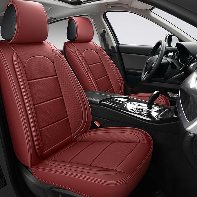 AOOG Leather Car Seat Covers with Car Backseat Organizer, Universal fit Automotive Vehicle Most Sedan SUV Pick-up Truck (Front Pair, Burgundy)