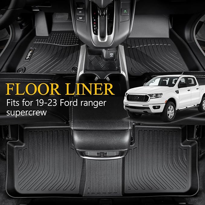Wailtnb-Floor Mats for Ford Ranger SuperCrew Cab 2019-2023 Waterproof Durable TPE Rubber All Weather Automotive Floor Liner Custom Fit for Ford Ranger SuperCrew Cab Accessories Black