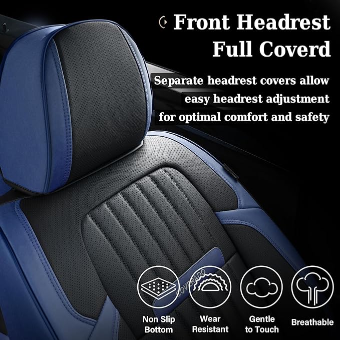 Coverado Car Seat Covers Full Set, Nappa Leather Seat Covers for Cars, Car Seat Cushion Car Seat Protector, Front and Back Seat Protectors Cushions Universal Fit for Most Cars Vehicles(Blue&Black)