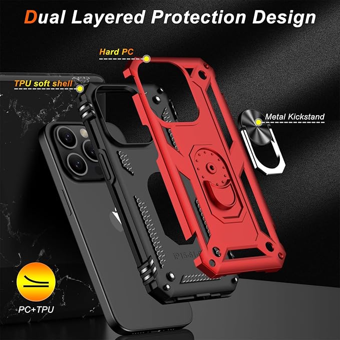 IKAZZ for iPhone 14 Pro Case 6.1 Inch with Screen Protector,Military Grade Shockproof Heavy Duty Protective Phone Cover Pass 16ft Drop Test with Magnetic Kickstand Car Mount Holder,Red
