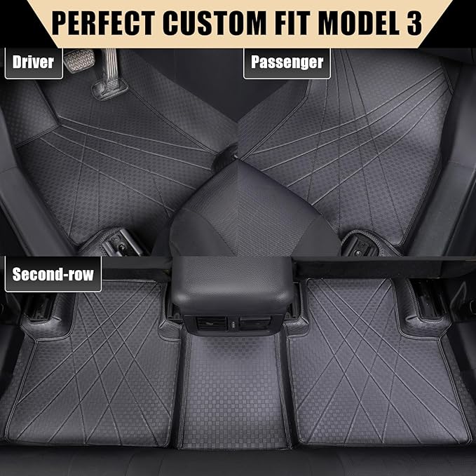 EKR Custom Floor Mats for Tesla Model 3 2024-2025, Front & 2nd Row Luxury Car Floor Mat Fit Model 3 2024 2025 - Leatherette Floor Liners (Black)