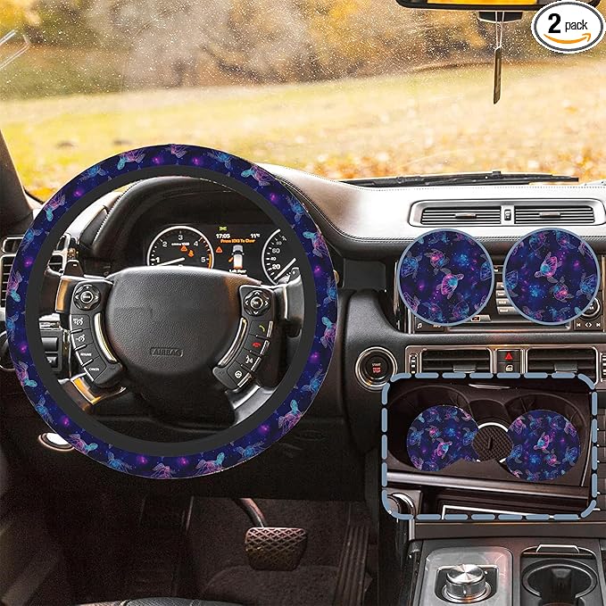 Purple Cosmic Galaxy Sea Turtle Car Steering Wheel Cover for Women Men with 2 Pcs Car Coasters,Universal 15 Inch Steering Wheel Covers Anti-Slip and Practical Auto Accessories Fit Auto,Suvs