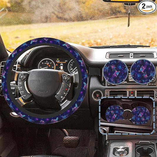 Purple Cosmic Galaxy Sea Turtle Car Steering Wheel Cover for Women Men with 2 Pcs Car Coasters,Universal 15 Inch Steering Wheel Covers Anti-Slip and Practical Auto Accessories Fit Auto,Suvs