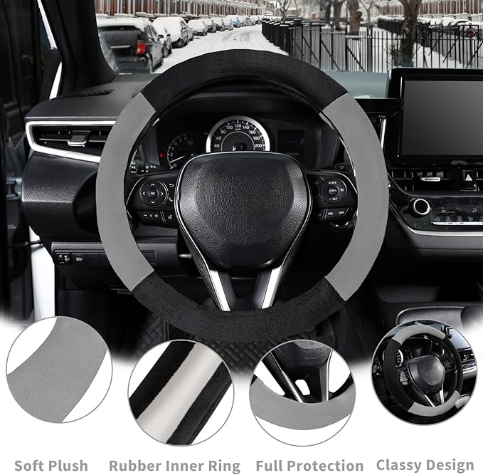 SEG Direct Car Steering Wheel Cover for Prius Civic Model 3 Model Y Camaro, Small Size 14-14.25 inch, Warm Plush, Summer Winter, Black and Gray