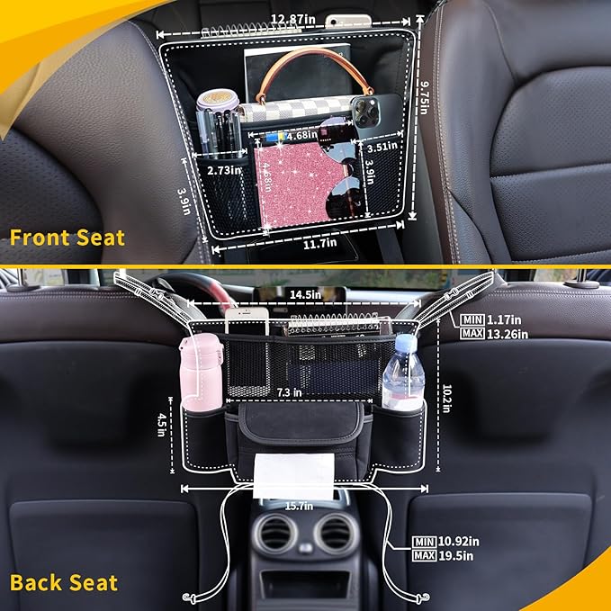 Pink Diamond Car Handbag Holder Between Seats Bling Rhinestone Car Storage Bag Large Capacity Purse Phone Ipad Automotive Consoles Organizer Safe Barrier of Backseat Pet Kids…