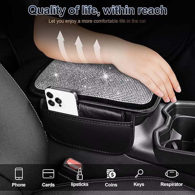 YORKNEIC Bling Center Console Cover Fit for Ford Mustang Mach-E: Armrest Cover with 2 Storage Pockets, Crystal Rhinestone Car Arm Rest Cover Pad Design for Protection(Silver Diamond)