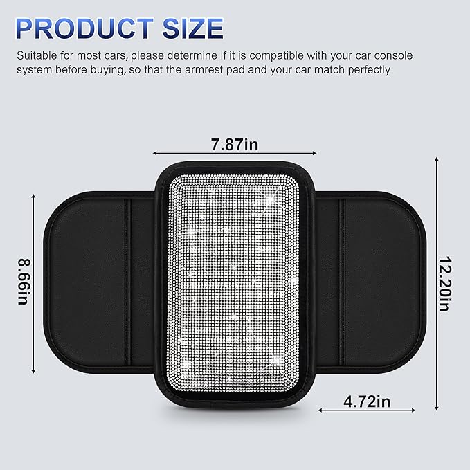 Bling Center Console Cover Fit for Nissan Rogue 2008-2020: Crystal Rhinestone Automotive Armrest Cushion-Stylish Diamond Arm Rest Protection Mat(Black)