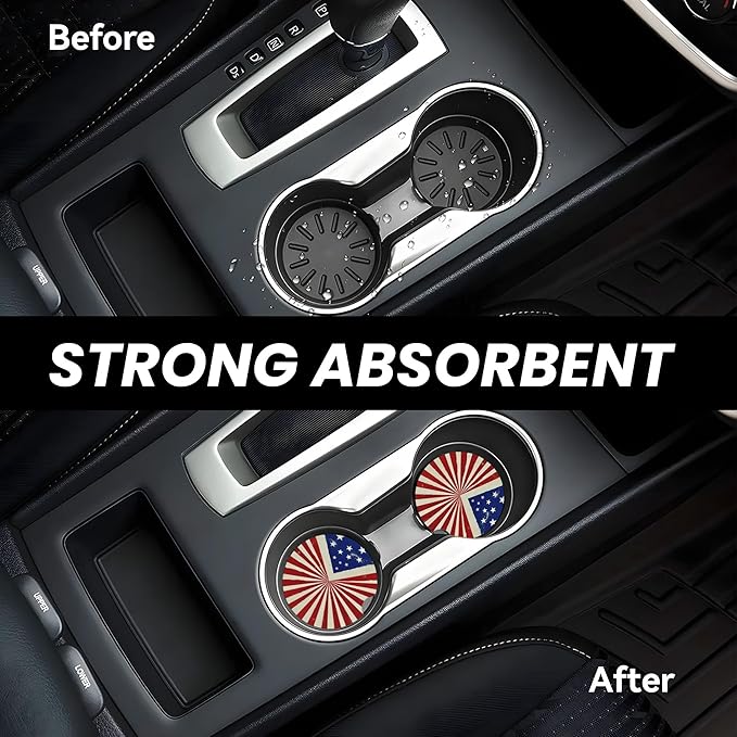 Absorbent Car Coasters for Cup Holders, 2 Pack Universal Anti Slip Ceramic Cup Coaster for Women Men 2.56 Inch Car Interior Accessories - Vintage Stars and Stripes 009