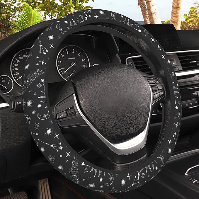 Sun Moon and Steering Wheel Cover, Stars Constellation Elastic Non-Slip Steering Wheel Protector,Auto Interior Decor for Women Girls,Universal 15" Fit for Sedans,Trucks
