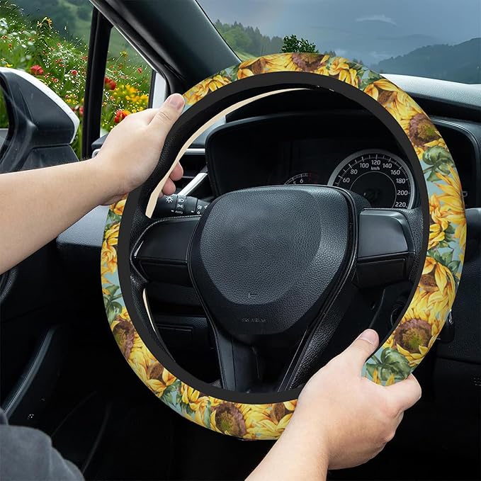 Watercolor Sunflower Steering Wheel Cover, Elastic Non-Slip Steering Wheel Protector,Auto Interior Decor for Women Girls,Universal 15" Fit for Sedans,Trucks