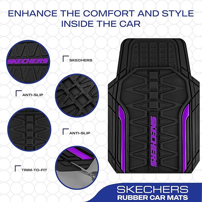 Skechers Car Floor Mats,Heavy Duty Rubber Car Mats Full Set,All Weather Floor Mats,Waterproof TrimTo Fit Universal Floor Liner Car Accessories,Automotive Floor Mats for Cars Trucks SUV,Purple