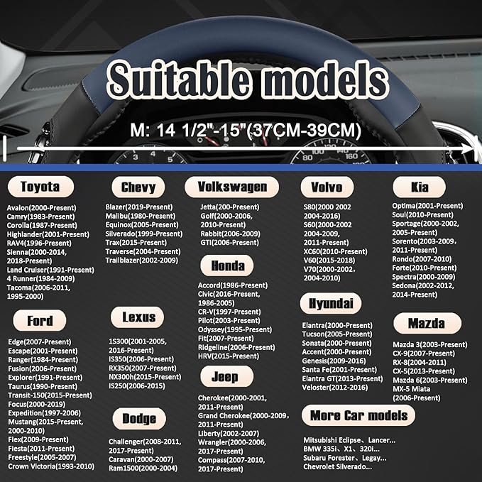 West Llama Nappa Leather Car Steering Wheel Cover Gel Massage,Cool in Summer,Universal 15 inch(Blue+Black-Standard Size)