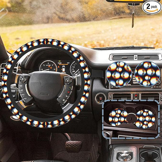 Alien UFO Faces Car Steering Wheel Cover for Women Men with 2 Pcs Car Coasters,Universal 15 Inch Steering Wheel Covers Anti-Slip and Practical Auto Accessories Fit Auto,Suvs