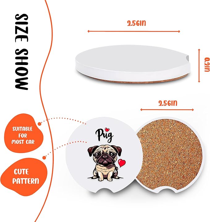 2 Pack Pug Car Cup Holder Coaster, Cute Pug Car Interior Accessories Drink Coaster for Women & Men, Pug Lovers Themed Gifts Stuff Accessories Things Merchandise Items!