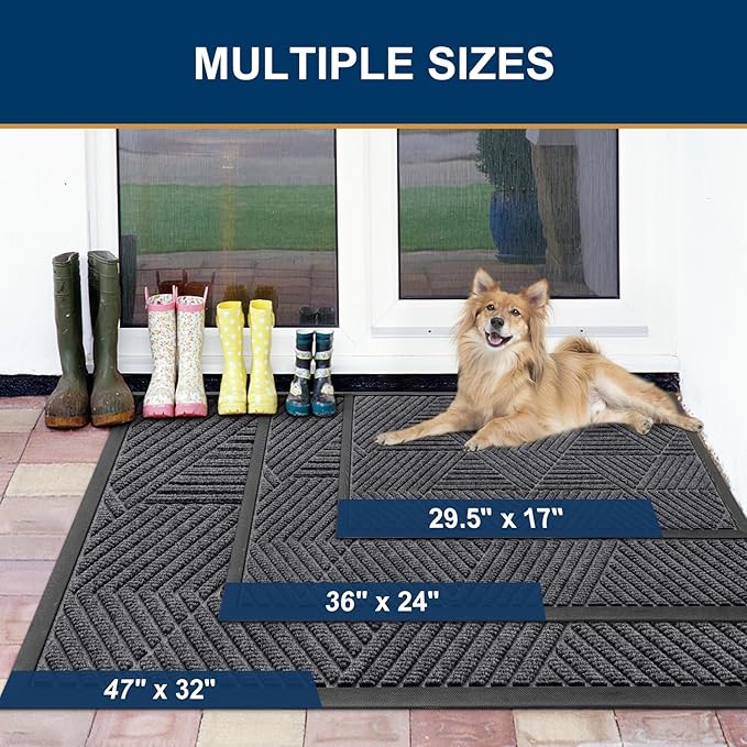 Smiry Front Door Mat Outside Entrance, Heavy Duty Sturdy Natural Rubber Doormat, Trap Dirt and Moisture, Easy Clean Low Profile Mats for Indoor Outdoor Entry, Irregular Triangle (47x32, Light Grey)