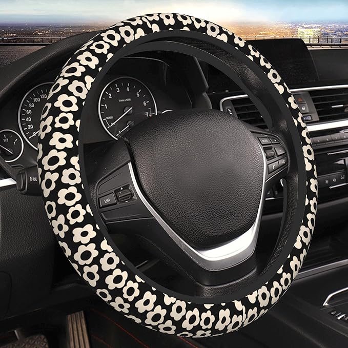 White Flower Cute Steering Wheel Cover for Women, Universal 15 inch Breathable Anti Slip Steering Wheel Covers for Cars, Auto, SUVs