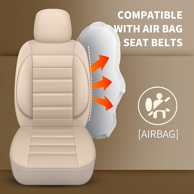 Leather Car Seat Covers Front Seats Only, 3D Foam Support Car Seat Covers, Universal fit for Trucks Vans SUVs Sedans Automotive Comfortable, Airbag Compatible (2PCS Front, Beige)