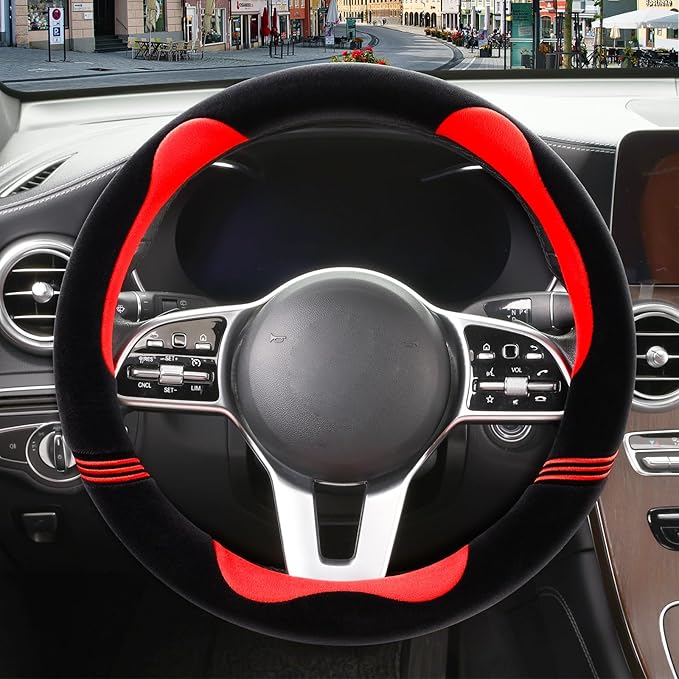 14 inch Furry Cute Steering Wheel Cover, Soft Fluffy Short Plush Auto Accessories, Non-Slip Cold-Proof Sweat-Proof Colorfast(Black with Red)