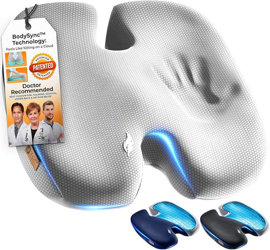 Seat Cushion, BodySync™ Technology with Non-Slip Gel & Memory Foam for Tailbone, Sciatica & Back Pain Relief, Office Chair Cushion, Car Seat Cushions for Driving (Light Grey)
