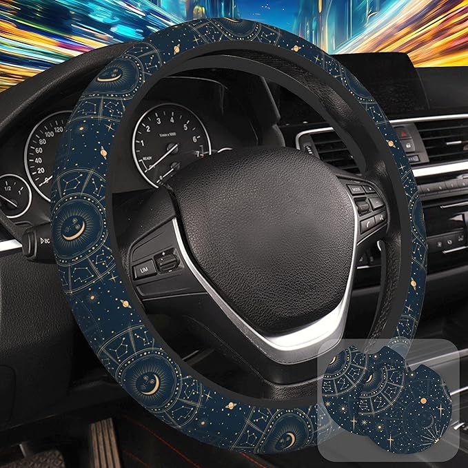 Astrology Moon Star Steering Wheel Cover with 2 Pcs Car Coasters Neoprene Steering Wheel Cover for Women Men Anti-Slip Breathable Car Accessories Universal 15 Inch Fit Auto Cars Trucks