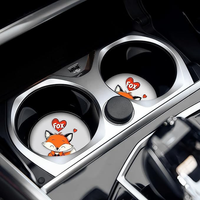 2 Pack Fox Car Cup Holder Coaster, Cute Car Interior Accessories Drink Coaster for Women & Men, Fox Lovers Themed Gifts Stuff Accessories Things Merchandise Items!