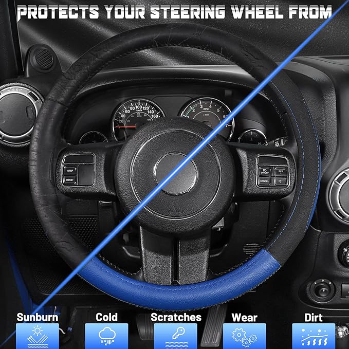 SEG Direct Car Steering Wheel Cover for F-150 Tundra Range Rover 15.5-16 inch, Black and Blue Microfiber Leather