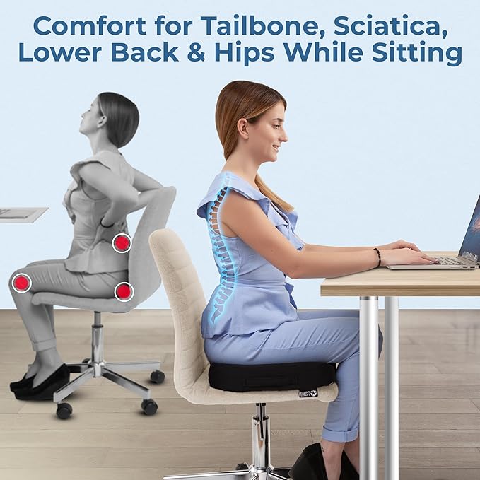 Seat Cushion for Office Chairs - Fits 18"x14" Seats, Tailbone, Coccyx Pain Relief - Butt, Pressure & Sciatica Relief - Gaming, Wheelchair, Car & Desk Pillow, Black